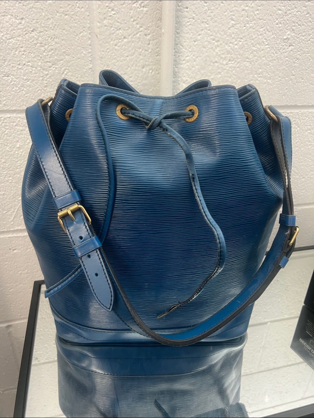 Blue Drawstring Leather Bucket Bag